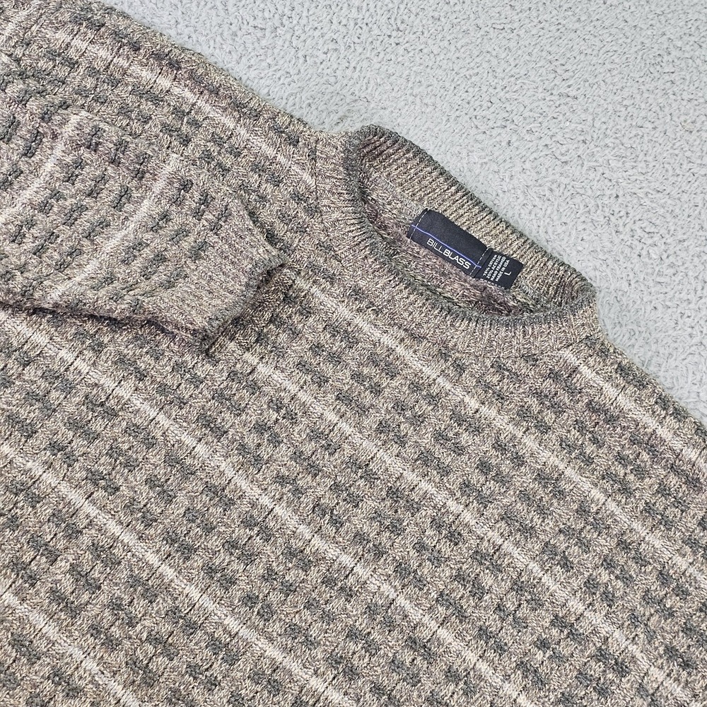Bill Blass Sweater Mens Large Gray Tan Textured Basketweave Crewneck‎ Made USA